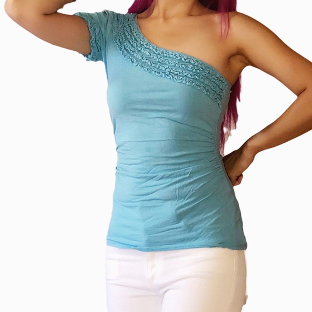 VINTAGE ARDEN B BRIGHT SKY BLUE HIGH-LOW RUFFLE ONE SHOULDER TOP Y2K